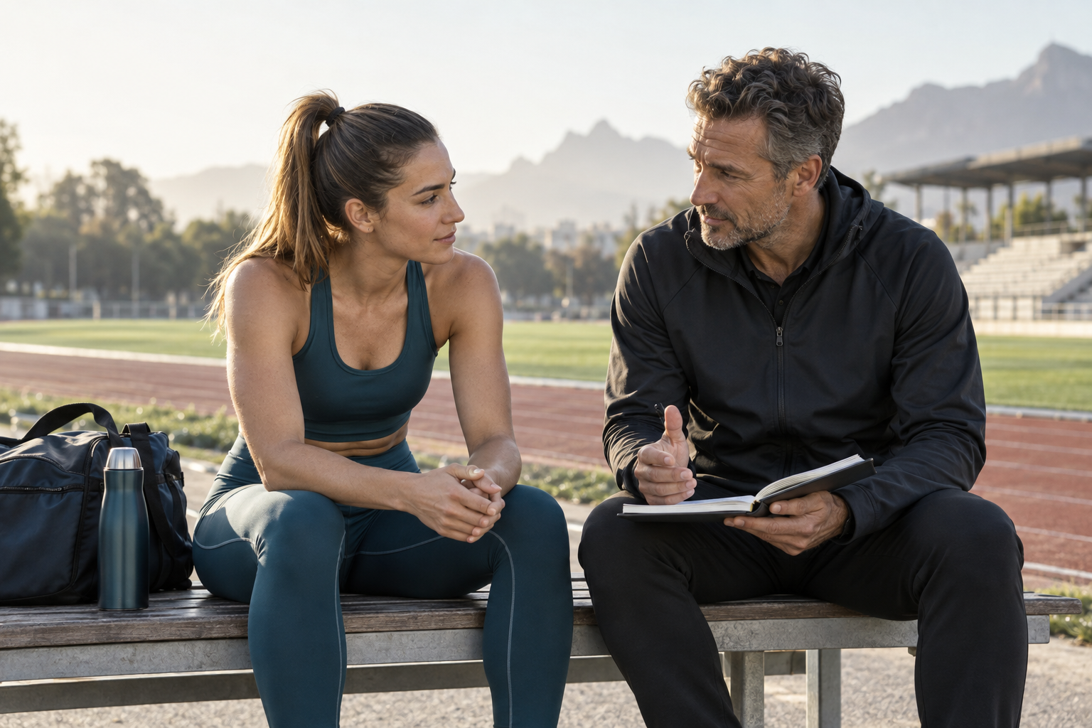 Atleta e treinador conversando sobre objetivos e preparação mental junto à pista de atletismo