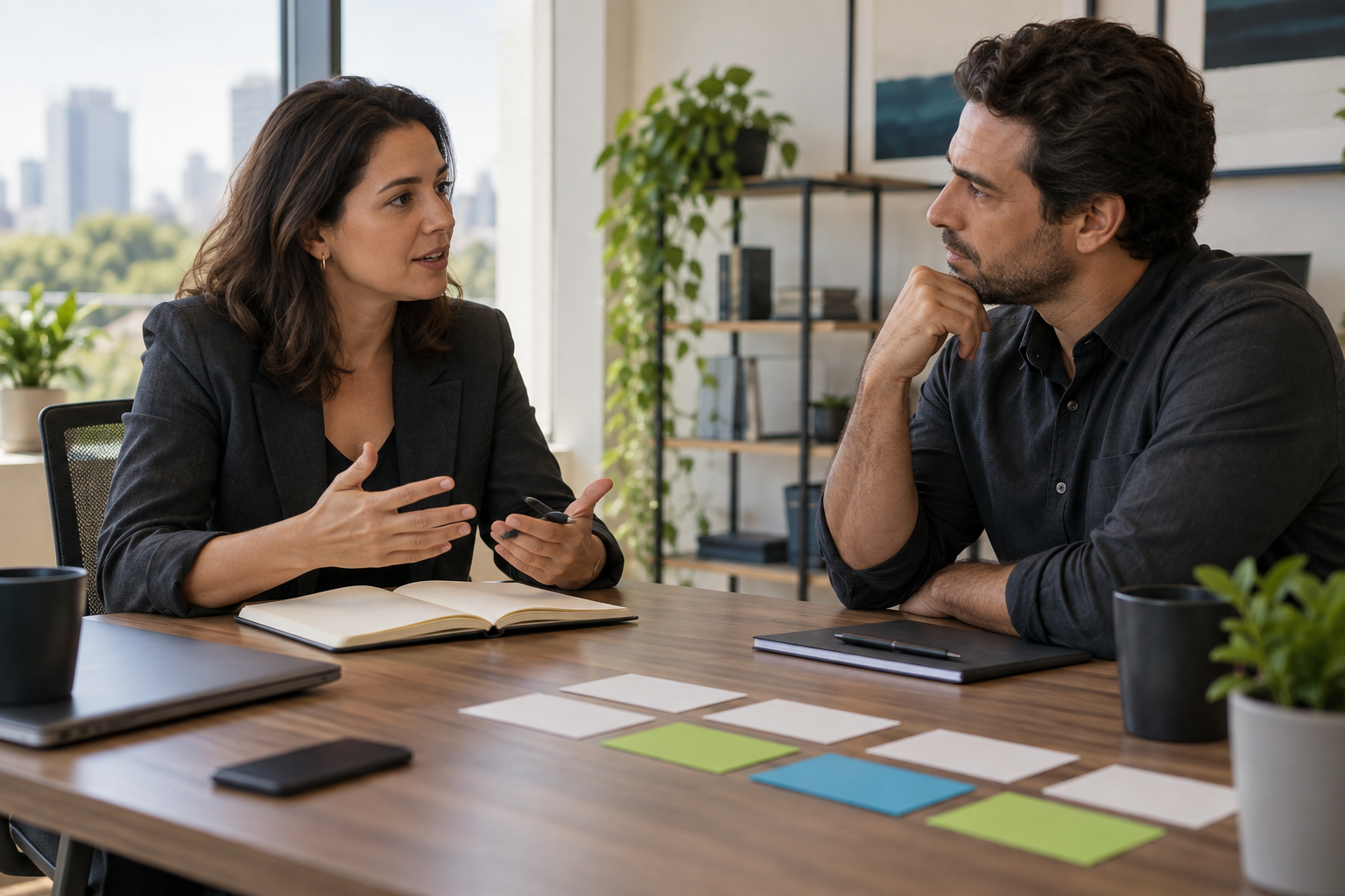 Profissionais conversando com atenção sobre prioridades e compromissos de trabalho