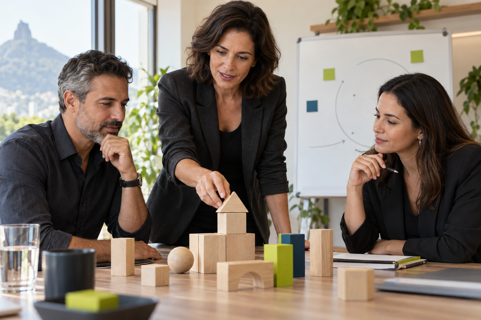 Facilitadora conduzindo uma atividade de desenvolvimento com gestores