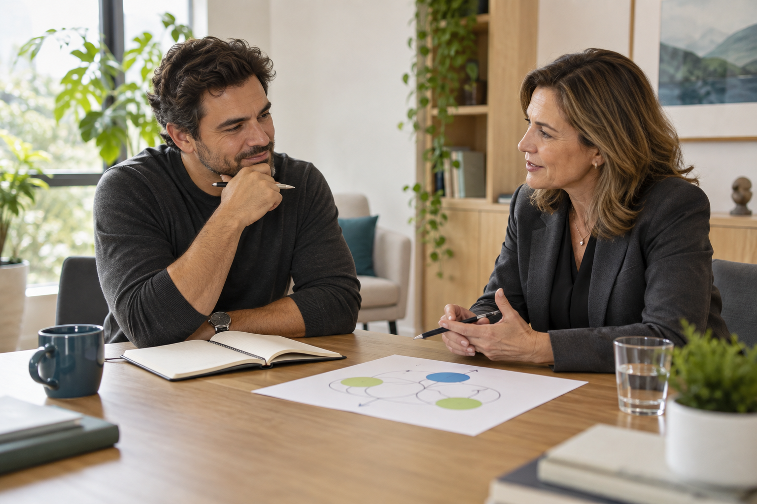 Profissional refletindo sobre seu desenvolvimento em uma conversa com mentor